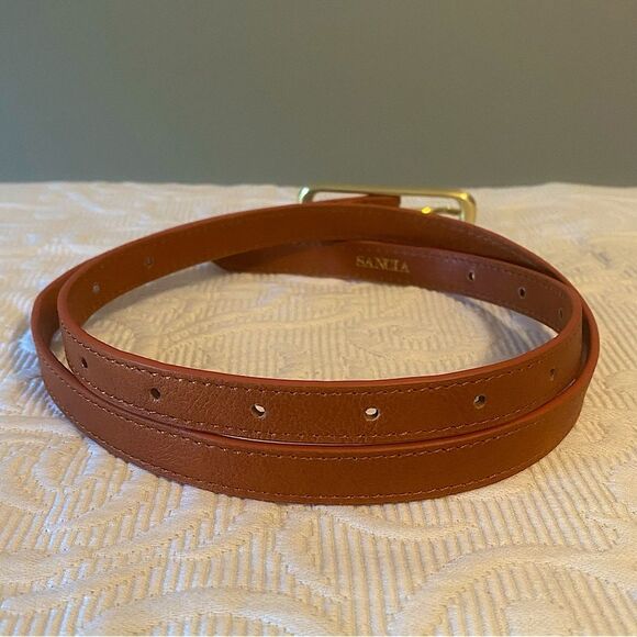 SANCIA Elke Skinny Belt Cognac Leather Slim Gold Buckle Minimalist Size Med - Picture 2 of 10